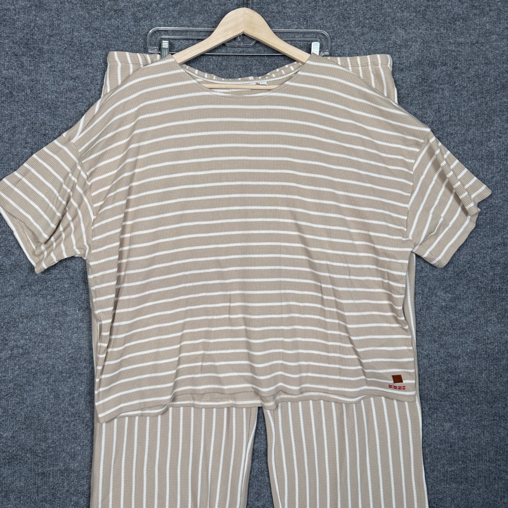 Peace Love World Plus 2X Top and Pant Set Neutral Stripe Waffle Honeycomb Knit - Picture 2 of 16